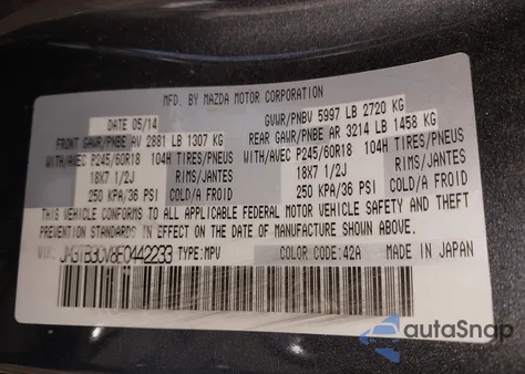 2014 Mazda Cx-9 Touring from USA, damaged, VIN JM3TB3CV8E0442233